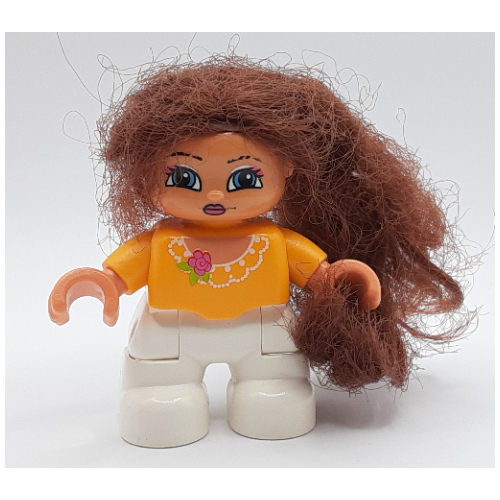 Lego Duplo Figure with Soft Hair Brown, White Legs, Lace Collar with Pink Flower Print / Bright Light Orange