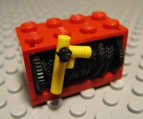 Lego String Reel 2 x 4 x 2 Holder with Black Drum with Black String Medium and Yellow Hose Nozzle Elaborate (4209 / 4208 / x77c / 60849)