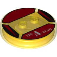 Function Brick Round 4 x 4 x 2/3 with 2 Studs and Red Triangles and 'THE A-TEAM' Print / Trans-Yellow