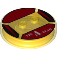 Lego Function Brick Round 4 x 4 x 2/3 with 2 Studs and Red Triangles and 'THE A-TEAM' print / Trans-Yellow