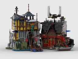 Castle Port "Mermaid" and Pirate Tavern with a Ship and a Garden path with a secret Cthulhu statue