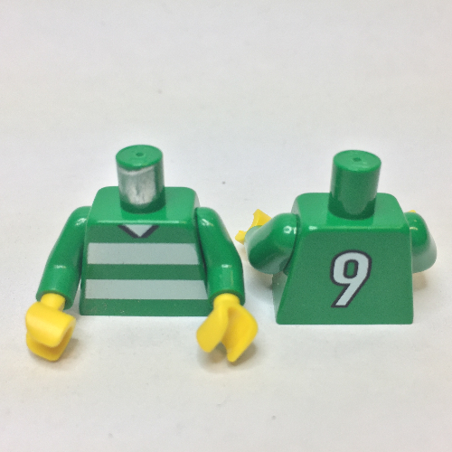 Lego Torso Soccer Horizontal White Stripes and '9' Back Print, Green Arms, Yellow Hands / Green