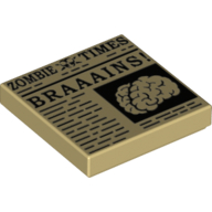 Lego Tile 2 x 2 with Newspaper 'ZOMBIE TIMES' and 'BRAAAINS! print / Tan