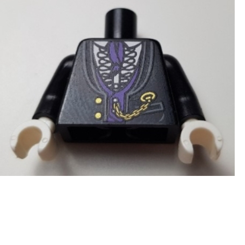 Lego Torso Jacket Formal with White Shirt with Frills, Dark Purple Vest and Cravat, Gold Watch Chain Print, Black Arms, White Hands / Black