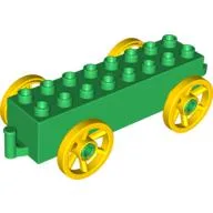 Duplo Wagon Base 2 x 8 x 1 1/2 with Large Yellow Spoked Wheels / Green