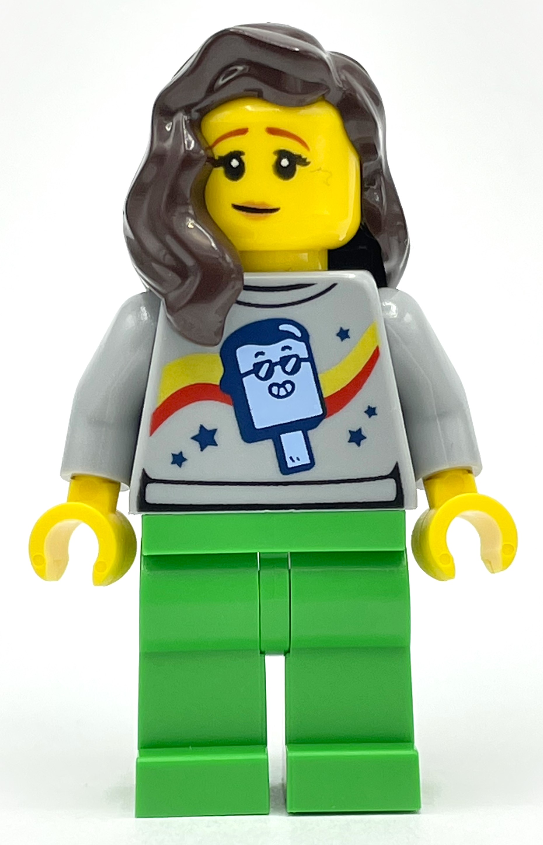 Lego Light Bluish Grey Torso, Bright Green Legs, Dark Brown Hair