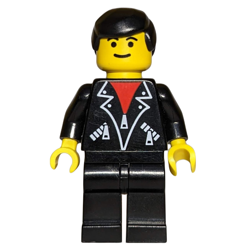 Lego Man, Open Black Jacket over Red Shirt, Black Legs, Black Hair, Eyebrows