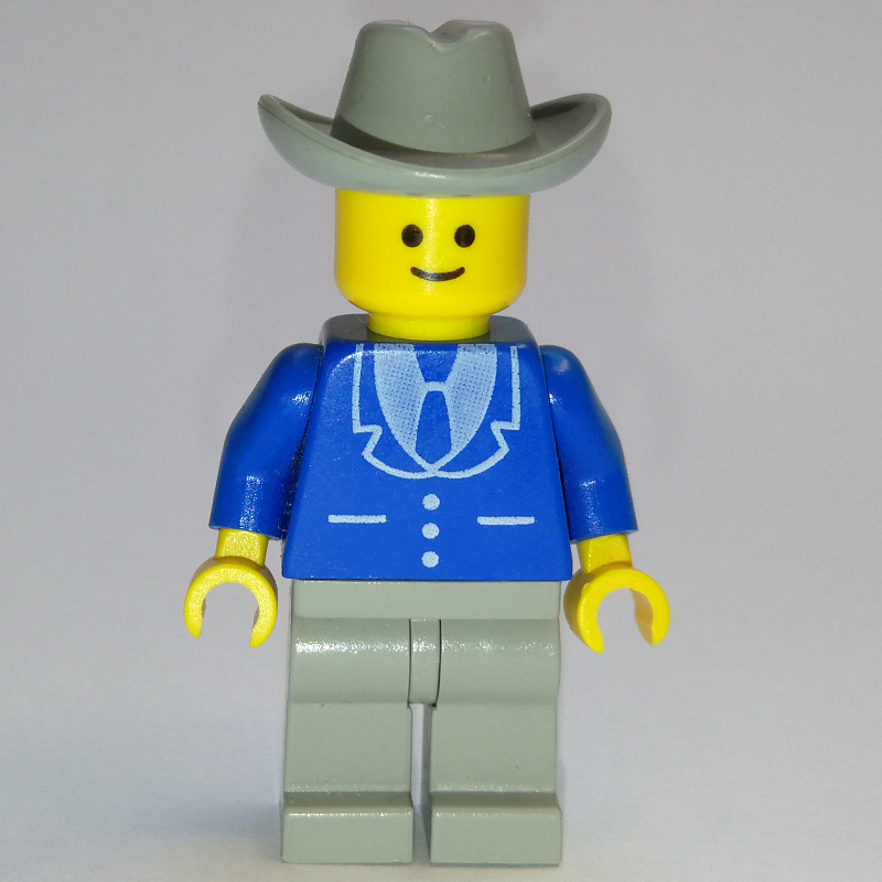 Lego Man, Blue Jacket with Tie and Three Buttons, Light Gray Legs, Light Gray Cowboy Hat (3626a Head)