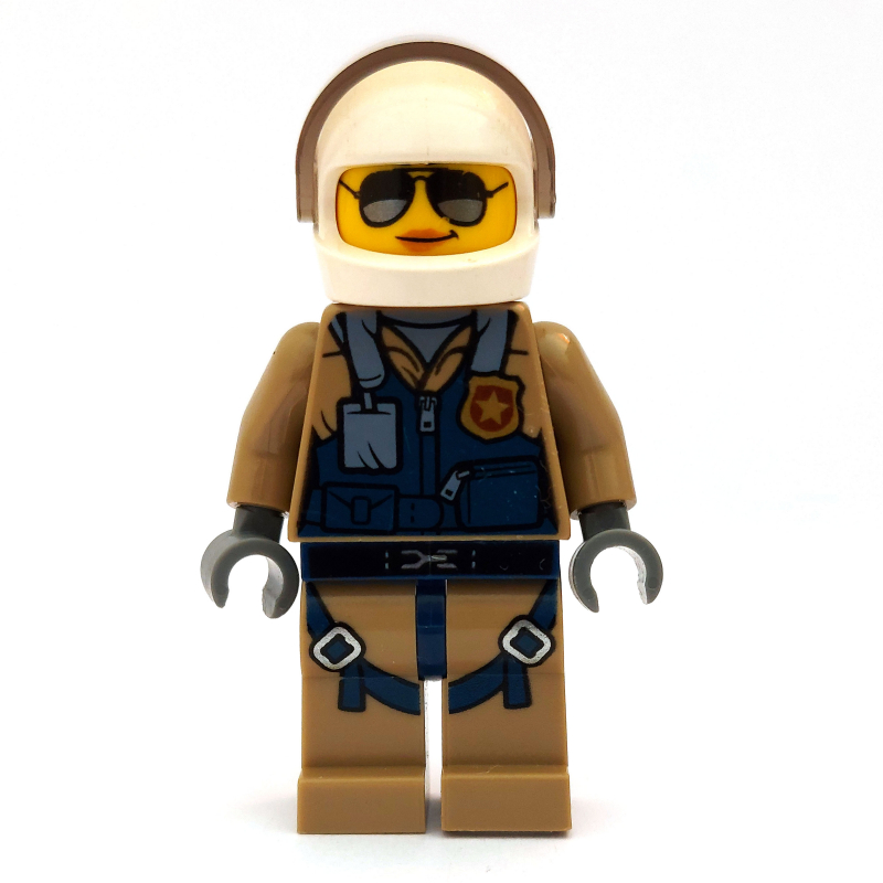 Lego Policewoman, Dark Blue Vest over Dark Tan Jacket with Zipper and Badge, White Helmet with Visor, Sunglasses