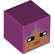 Minifig Head Special, Cube with Pixelated Medium Nougat Face, Lavender Hair Print / Magenta