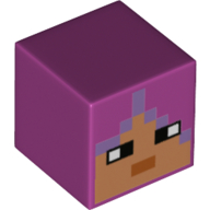 Lego Minifig Head Special, Cube with Pixelated Medium Nougat Face, Lavender Hair Print / Magenta