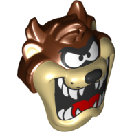 Lego Minifig Head Special, Tan Face, Open Mouth, White Teeth, Red Tongue print (Taz) / Reddish Brown