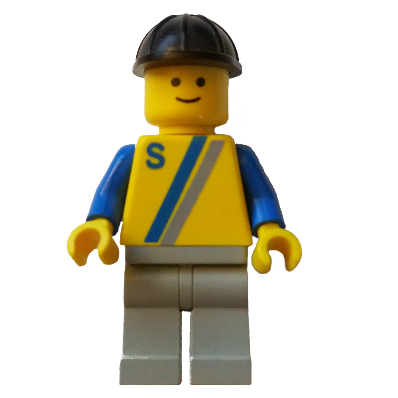 Lego Man, Yellow Shirt with Two Stripes and 'S', Light Gray Legs, Black Hard Hat