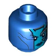 Minifig Head Nebula, Dual Sided, Dark Azure Face, Dark Blue Lips, Mechanical Left Eye and Silver Stripes on Back Print [Hollow Stud] / Blue