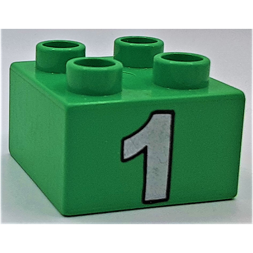 Lego Duplo Brick 2 x 2 with Silver Number 1 Print / Bright Green