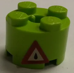 Brick, Round 2 x 2 with Axle Hole with Dark Red Triangle Danger Sign with Oil Drop Pattern (Sticker) - Sets 7298 / 7477