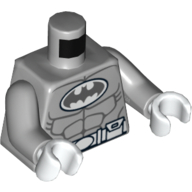 Lego Torso Batman Logo in White Oval with Muscles and White Belt on Front and Back Print, Light Bluish Gray Arms, White Hands / Light Bluish Gray