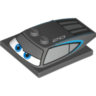 Lego Brick Wedged, Curved 5 x 4 x 1 with 4 x 4 Base with Blue Eyes and Windows Print (Jackson Storm) / Dark Bluish Gray