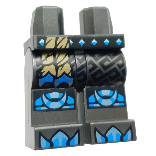 Lego Hips and Pearl Titanium Legs with Dark Azure/Medium Azure Knee Pads, Claws, Dark Tan Rope, Silver Armor print / Pearl Titanium