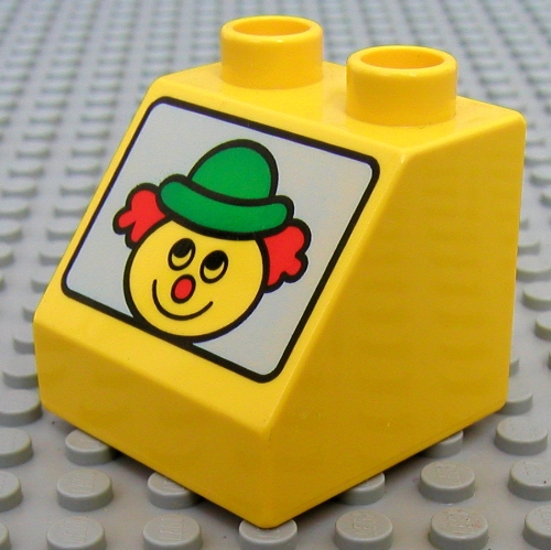 Lego Duplo Brick 2 x 2 Slope 45° with Clown Print / Yellow