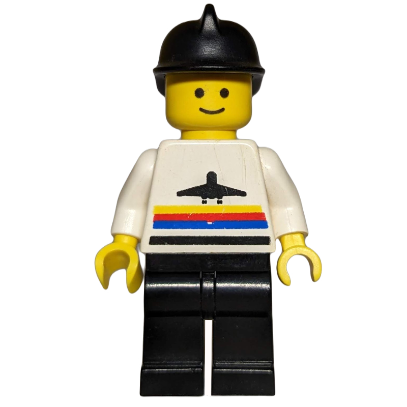 Lego Man, White Shirt with Airplane, Black Legs, Black Helmet