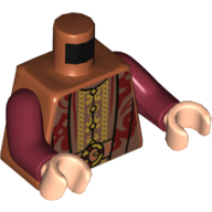 Lego Torso Robes, Dark Red and Dark Tan Pattern, Open over Undershirt with Intricate Gold Design, and Gold Belt Print, Dark Red Arms, Light Nougat Hands / Dark Orange