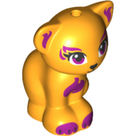 Lego Animal, Cat, Sitting with Magenta Eyes and Inner Ears - Black Nose and Mouth - Magenta Chest Markings and Paws Print / Bright Light Orange
