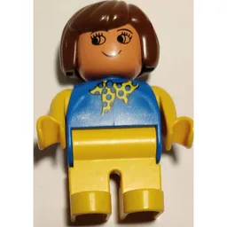 Duplo Figure, Early, Hair Bob Brown, Yellow Legs, Blue Top with Yellow and Blue Polka Dot Scarf, Yellow Arms Print / Blue