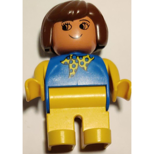 Lego Duplo Figure, Early, Hair Bob Brown, Yellow Legs, Blue Top with Yellow and Blue Polka Dot Scarf, Yellow Arms Print / Blue