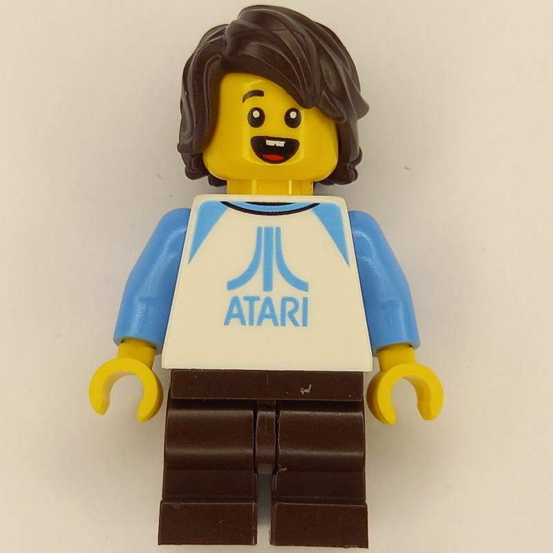 Lego Kid - White Atari Torso, Dark Brown Legs, Dark Brown Hair