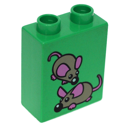 Lego Duplo Brick 1 x 2 x 2 with Two Mice Print / Bright Green