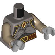 Lego Torso, Chest Armor, Silver Chain Mail, Gold Trim Belt Buckle, Reddish Brown Belt, Jewell print, Dark Tan Arms, Light Bluish Gray Hands / Flat Silver