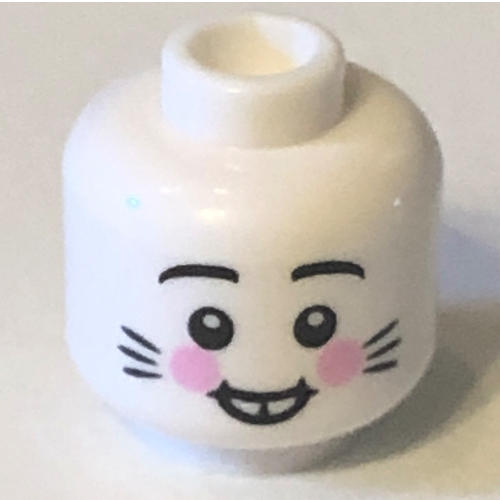 Lego Minifig Head Rabbit / Bunny, with Buck Teeth, Whiskers, Pink Blushes Print / White