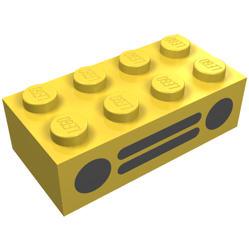 Lego Brick 2 x 4 with Car Grille (2 Circles, 2 Lines) Black Print / Yellow