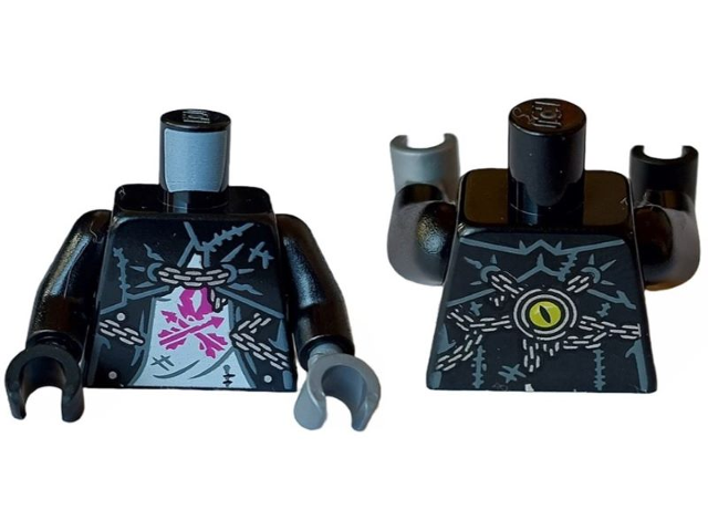 Lego Torso Jacket with Dark Bluish Gray Lines and Silver Chains over White Shirt with Magenta Arrows, Yellow Eye on Back Pattern / Black Arms / Flat Silver Hand Left / Black Hand Right