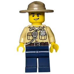 Swamp Police / Ranger, Tan Shirt with Badge and Radio, Dark Tan Campaign Hat, Dark Blue Legs