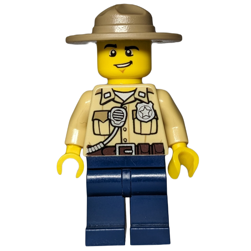 Lego Swamp Police / Ranger, Tan Shirt with Badge and Radio, Dark Tan Campaign Hat, Dark Blue Legs