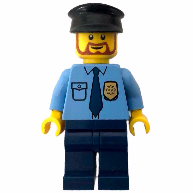 Lego Policeman, Medium Blue Shirt with Badge and Tie, Dark Blue Legs, Black Hat, Beard