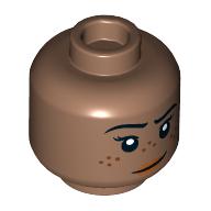 Lego Minifig Head, Nougat Lips, Lobsided Smile, Freckles print / Medium Brown