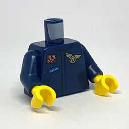 Torso, Flight Suit with Blue Badge, 'JP', and Pilot Badge / Plane Propeller on Back Print, Dark Blue Arms, Yellow Hands / Dark Blue