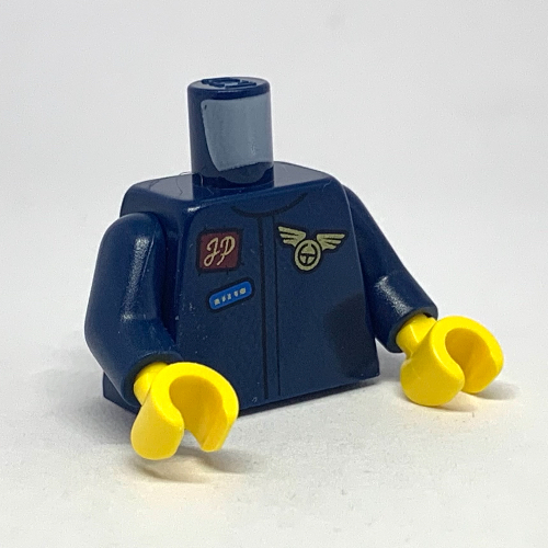 Lego Torso Flight Suit with Blue Badge, 'JP', and Pilot Badge / Plane Propeller on Back Print, Dark Blue Arms, Yellow Hands / Dark Blue