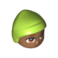 Lego Minidoll Baby Head with Lime Cap, Brown Eyes, Smirk print / Medium Nougat