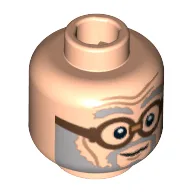 Minifig Head Ernie Prang, Gray Beard and Eyebrows, Brown Glasses Print [Blocked Open Stud] / Light Nougat