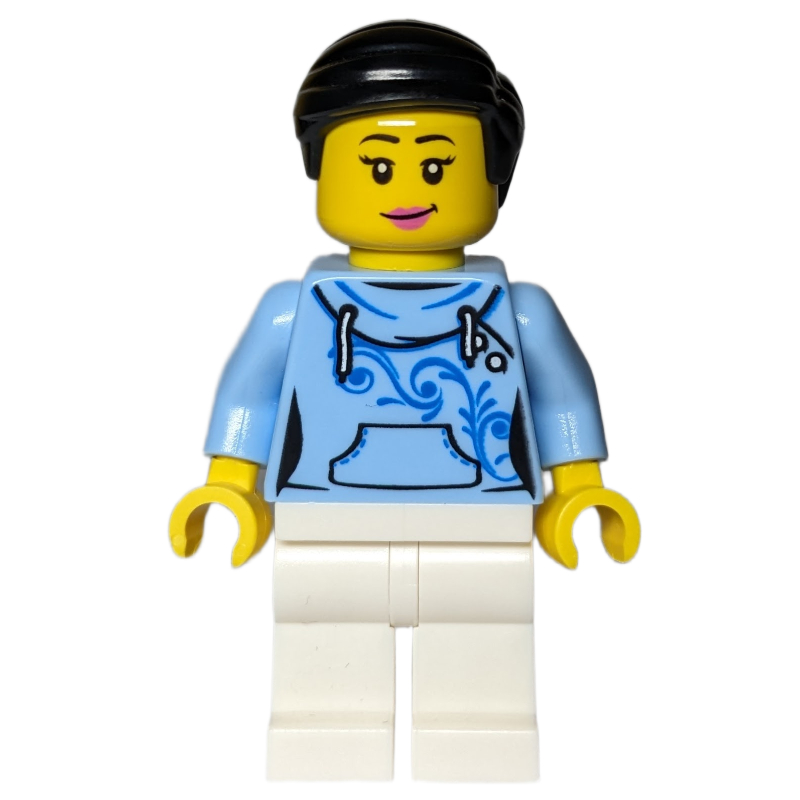 Lego Bright Light Blue Torso, White Legs, Black Hair