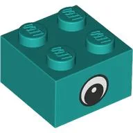 Brick 2 x 2 with Center Eye with White Print / Dark Turquoise