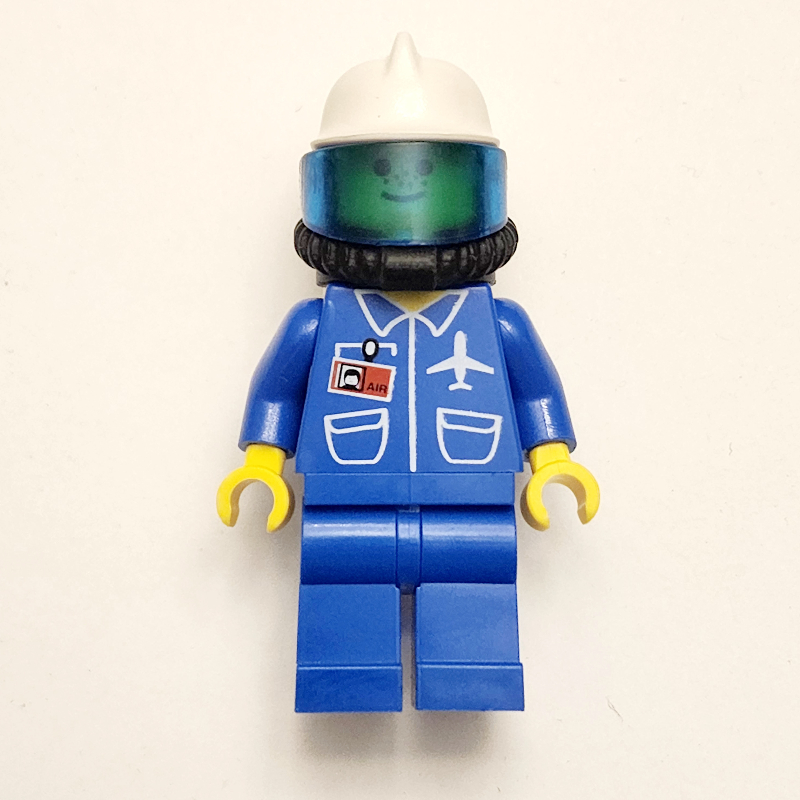 Lego Ground Crew, Blue Jumpsuit with Plane and ID Badge, White Helmet, Breathing Apparatus with Visor, Airtanks