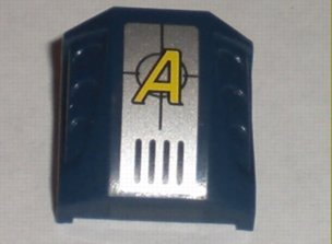 Lego Slope, Curved 2 x 2 with Debossed Side Ports with Yellow Letter A Agents Logo on Silver Background Pattern (Sticker) - Sets 8632 / 8971 / Dark Blue