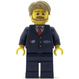 Bus Driver, Dark Blue Suit with Train Logo, Dark Tan Hair, Beard
