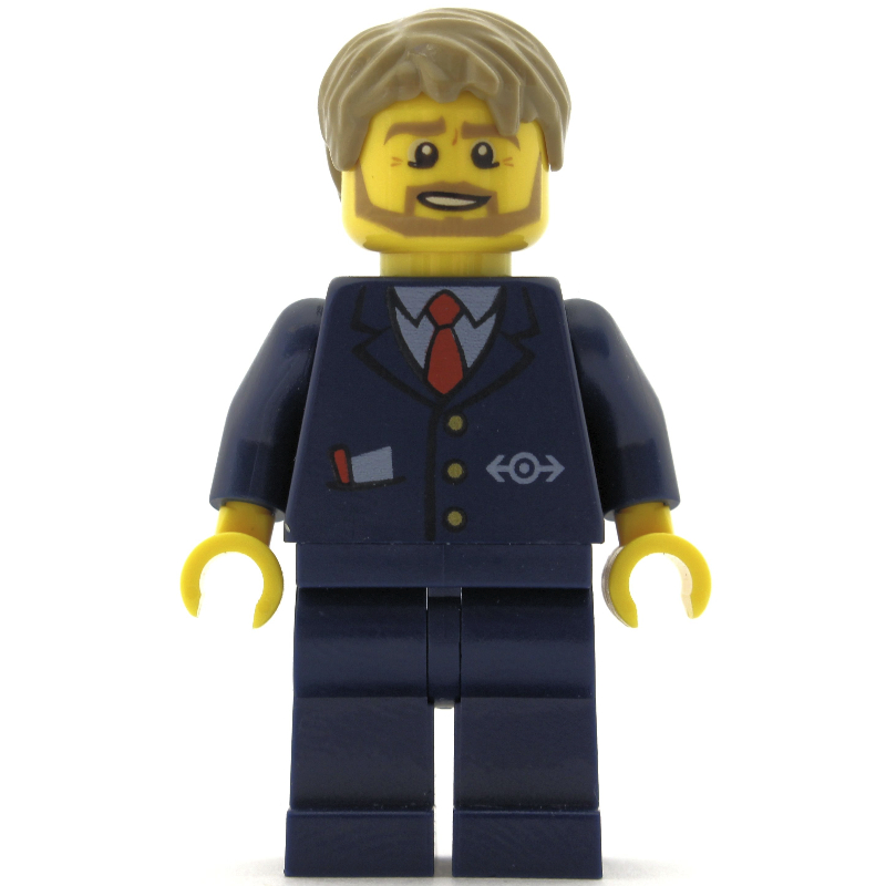 Lego Bus Driver, Dark Blue Suit with Train Logo, Dark Tan Hair, Beard