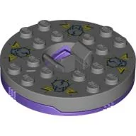 Turntable 6 x 6 Round Dark Bluish Gray Base with Flat Silver Top with Light Green Skulls on Yellow Print (Ninjago Spinner) / Flat Silver